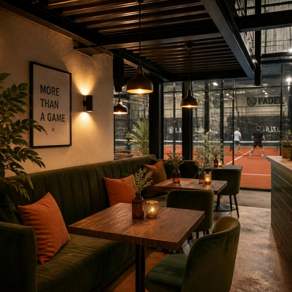 Café interior with green banquettes and views over the courts