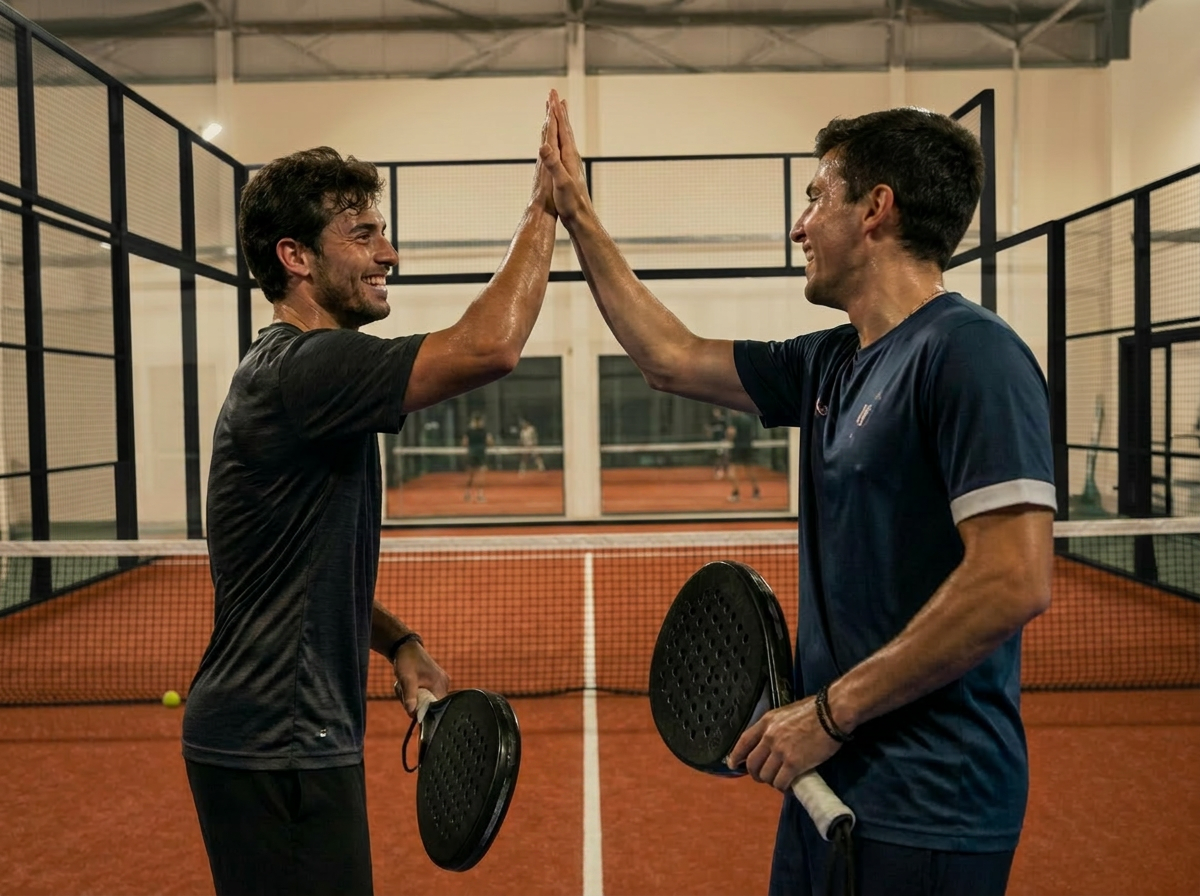Two padel players celebrating after a rally