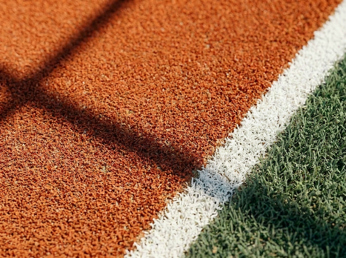 Terracotta clay surface meeting a white painted line