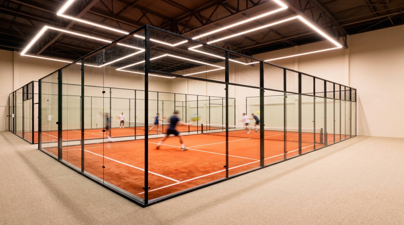 Indoor padel courts with terracotta clay surfaces and forest green walls